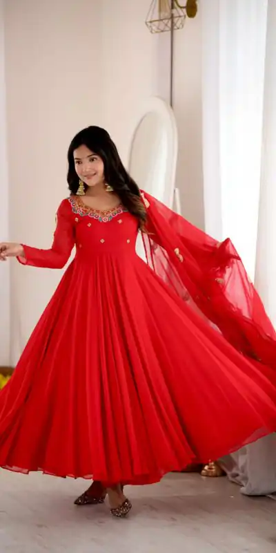 SRK 5363 Red Faux Georgette Gown with Sequins Work & Embroidery Work. Affordable Price ₹2099. Delivery 4-6 Working Days. Shop now. | Gowns, Bollywood Gowns, Creative Gowns, Designer Gowns, Embroidered Gowns, Party Wear Gowns