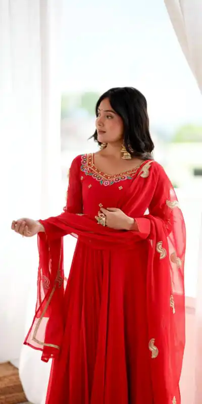 SRK 5363 Red Faux Georgette Gown with Sequins Work & Embroidery Work. Affordable Price ₹2099. Delivery 4-6 Working Days. Shop now. | Gowns, Bollywood Gowns, Creative Gowns, Designer Gowns, Embroidered Gowns, Party Wear Gowns