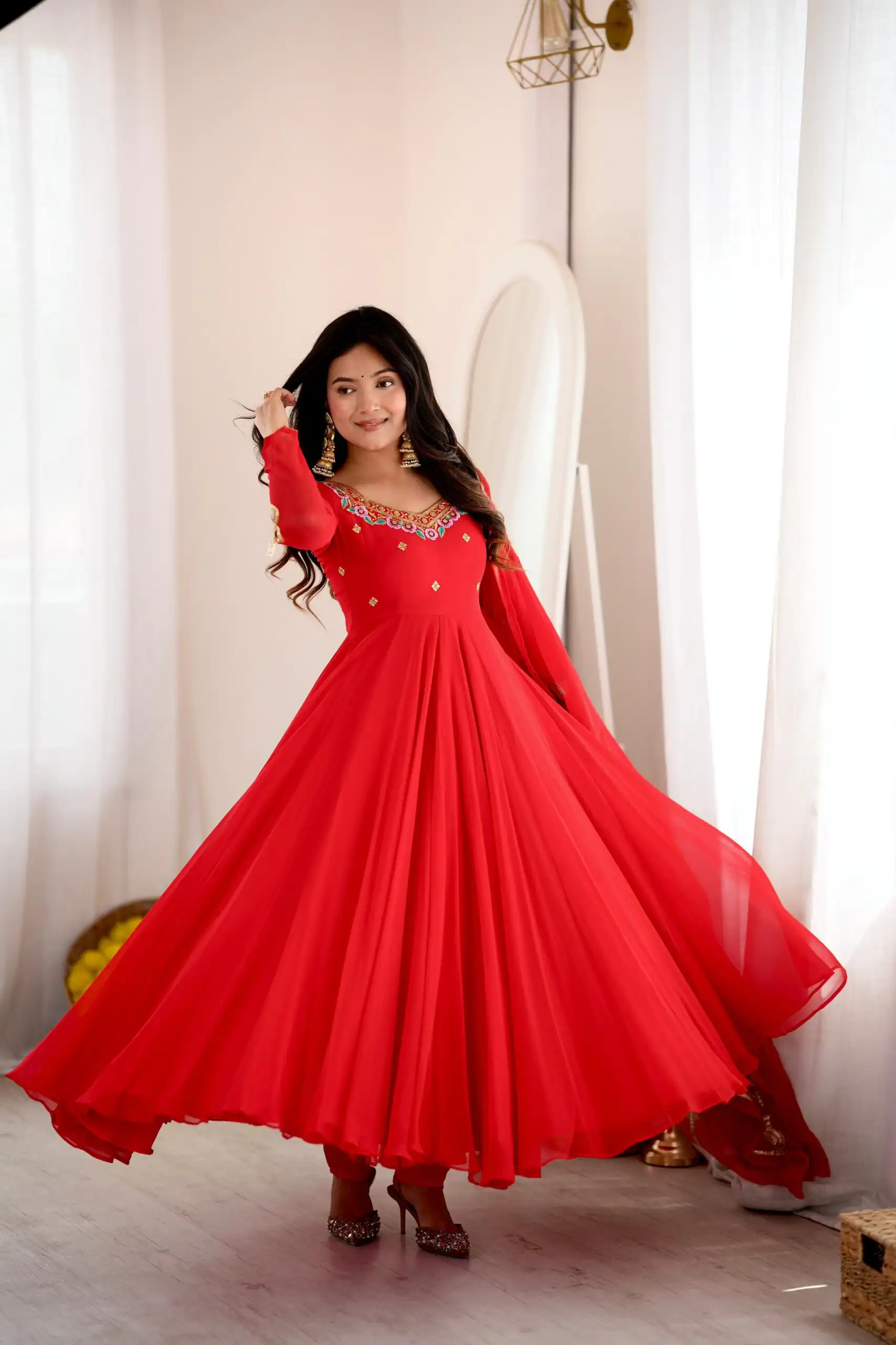 SRK 5363 Red Faux Georgette Gown with Sequins Work & Embroidery Work. Affordable Price ₹2099. Delivery 4-6 Working Days. Shop now. | Gowns, Bollywood Gowns, Creative Gowns, Designer Gowns, Embroidered Gowns, Party Wear Gowns