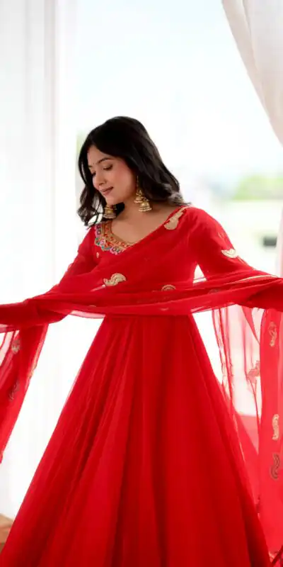 SRK 5363 Red Faux Georgette Gown with Sequins Work & Embroidery Work. Affordable Price ₹2099. Delivery 4-6 Working Days. Shop now. | Gowns, Bollywood Gowns, Creative Gowns, Designer Gowns, Embroidered Gowns, Party Wear Gowns