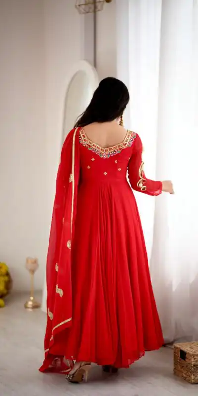 SRK 5363 Red Faux Georgette Gown with Sequins Work & Embroidery Work. Affordable Price ₹2099. Delivery 4-6 Working Days. Shop now. | Gowns, Bollywood Gowns, Creative Gowns, Designer Gowns, Embroidered Gowns, Party Wear Gowns