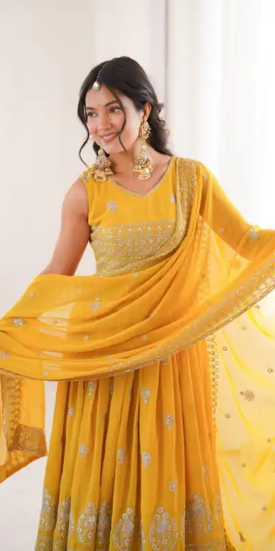 SP 91 Yellow| Faux Georgette Salwar Suit with Lace Work & Digital Print. Introductory Price ₹2799. Delivery 4-6 Working Days. Shop now. | Anarkali Suits, Bollywood Anarkali, Creative-Anarkali, Designer Anarkali, Embroidered Anarkali, Party Wear Anarkali