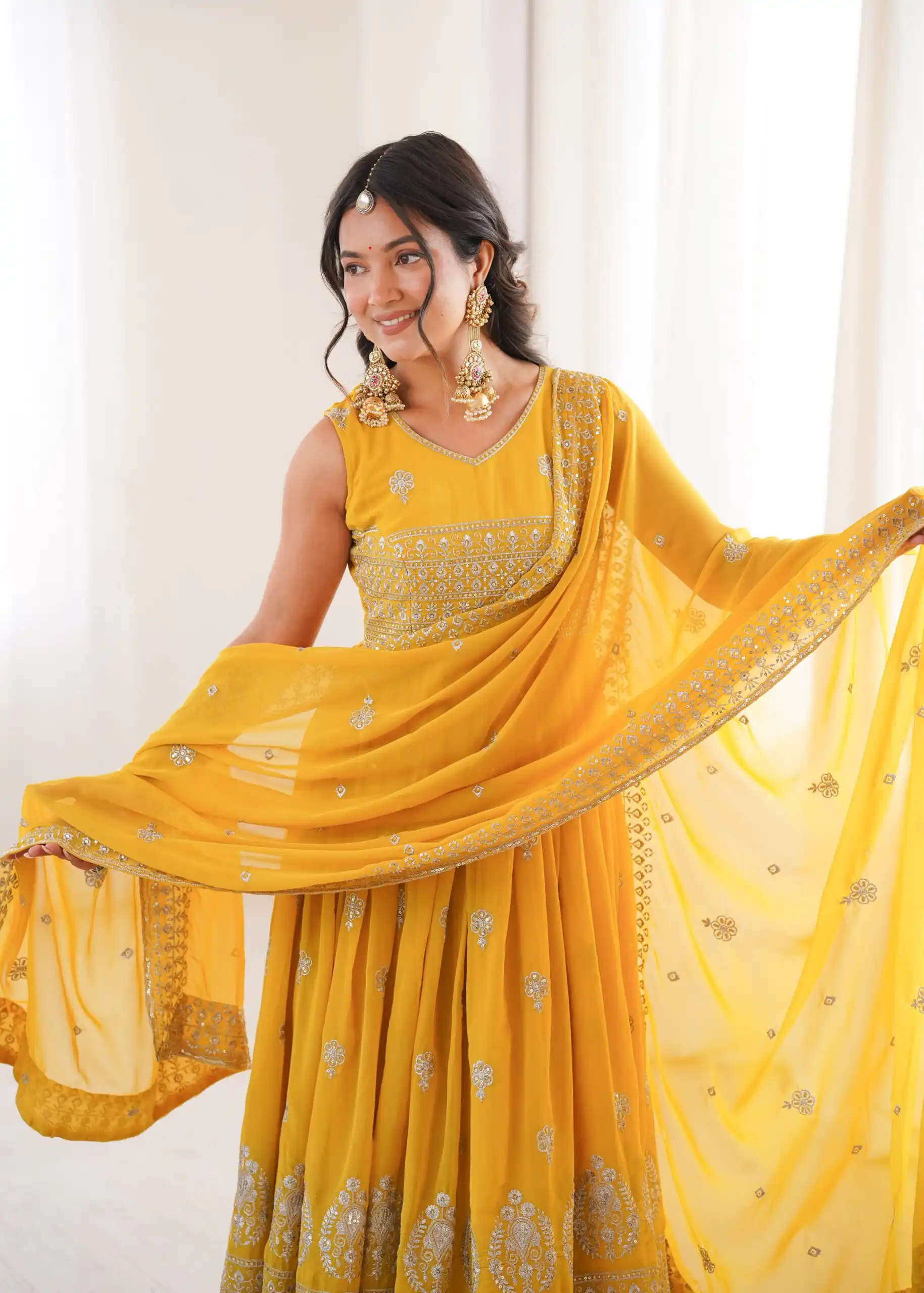 SP 91 Yellow| Faux Georgette Salwar Suit with Lace Work & Digital Print. Introductory Price ₹2799. Delivery 4-6 Working Days. Shop now. | Anarkali Suits, Bollywood Anarkali, Creative-Anarkali, Designer Anarkali, Embroidered Anarkali, Party Wear Anarkali
