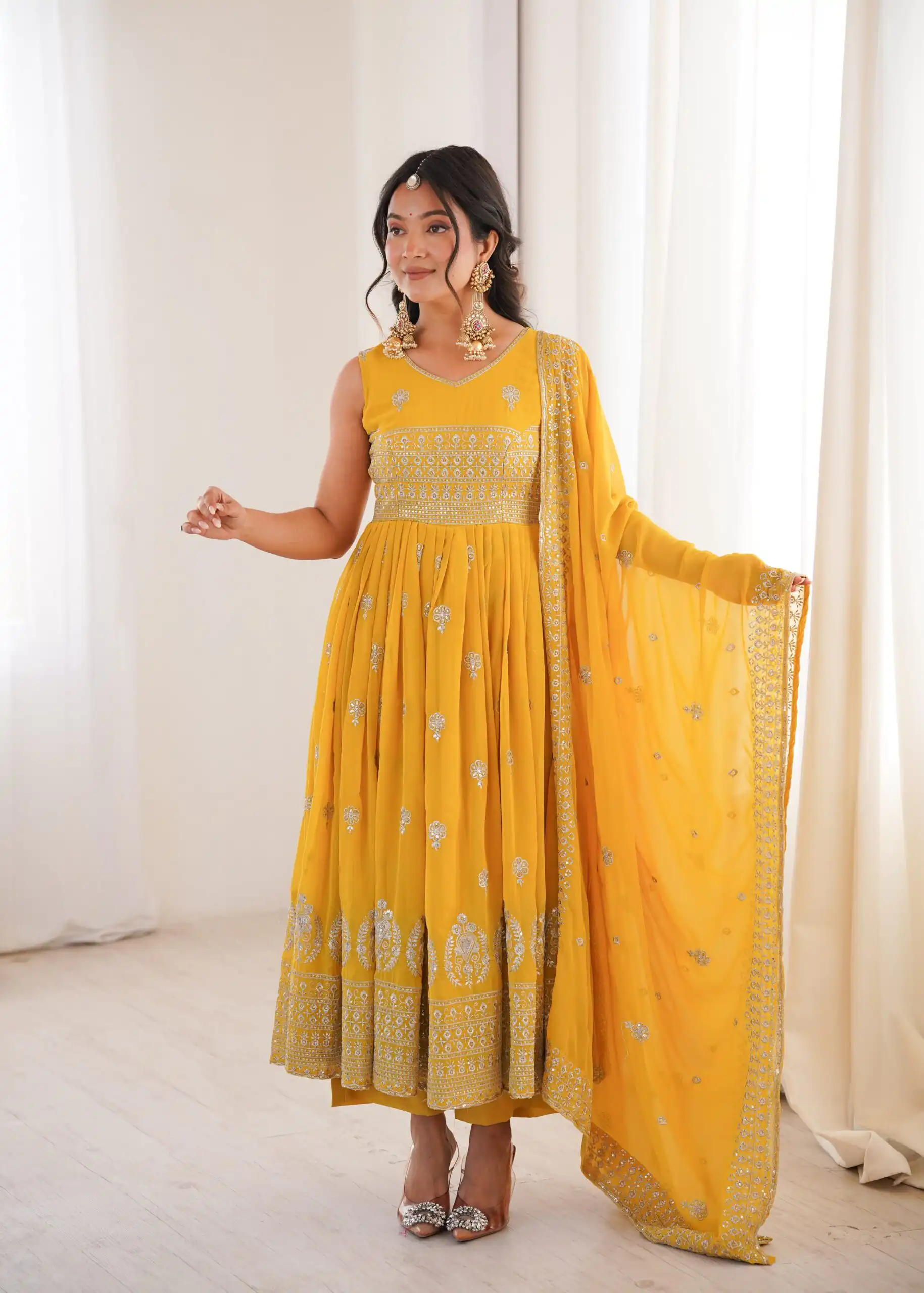 SP 91 Yellow| Faux Georgette Salwar Suit with Lace Work & Digital Print. Introductory Price ₹2799. Delivery 4-6 Working Days. Shop now. | Anarkali Suits, Bollywood Anarkali, Creative-Anarkali, Designer Anarkali, Embroidered Anarkali, Party Wear Anarkali
