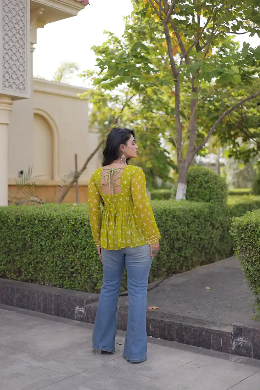 KA 5079 Mehandi Fox Georgette Kurti with Lace Work & Mirror Work. Affordable Price ₹2719. Delivery 4-6 Working Days. Shop now. | Kurti, Bollywood Kurti, Creative Kurtis, Designer Kurti, Party Wear Kurti, Selfie Kurti