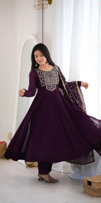 KB 315 Wine Blooming Faux Gown with Embroidery Work. Wedding, Party, Festive, Events Grab it for ₹2299. Delivery 4-6 Working Days. Shop now. | Anarkali Suits, Bollywood Anarkali, Creative-Anarkali, Designer Anarkali, Embroidered Anarkali, Party Wear Anarkali