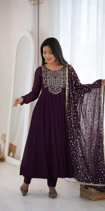 KB 315 Wine Blooming Faux Gown with Embroidery Work. Wedding, Party, Festive, Events Grab it for ₹2299. Delivery 4-6 Working Days. Shop now. | Anarkali Suits, Bollywood Anarkali, Creative-Anarkali, Designer Anarkali, Embroidered Anarkali, Party Wear Anarkali