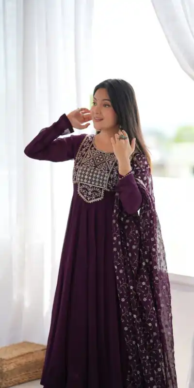 KB 315 Wine Blooming Faux Gown with Embroidery Work. Wedding, Party, Festive, Events Grab it for ₹2299. Delivery 4-6 Working Days. Shop now. | Anarkali Suits, Bollywood Anarkali, Creative-Anarkali, Designer Anarkali, Embroidered Anarkali, Party Wear Anarkali
