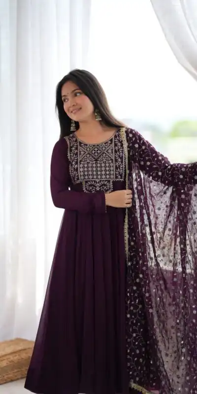 KB 315 Wine Blooming Faux Gown with Embroidery Work. Wedding, Party, Festive, Events Grab it for ₹2299. Delivery 4-6 Working Days. Shop now. | Anarkali Suits, Bollywood Anarkali, Creative-Anarkali, Designer Anarkali, Embroidered Anarkali, Party Wear Anarkali
