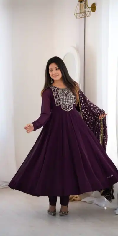 KB 315 Wine Blooming Faux Gown with Embroidery Work. Wedding, Party, Festive, Events Grab it for ₹2299. Delivery 4-6 Working Days. Shop now. | Anarkali Suits, Bollywood Anarkali, Creative-Anarkali, Designer Anarkali, Embroidered Anarkali, Party Wear Anarkali
