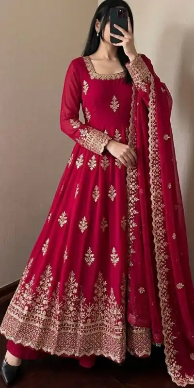 NSR 918 Red Fendy Silk Gown with Embroidery Work & Sequins Work. Special Price ₹2399. Delivery 4-6 Working Days. Shop now. | Gowns, Bollywood Gowns, Creative Gowns, Designer Gowns, Embroidered Gowns, Party Wear Gowns