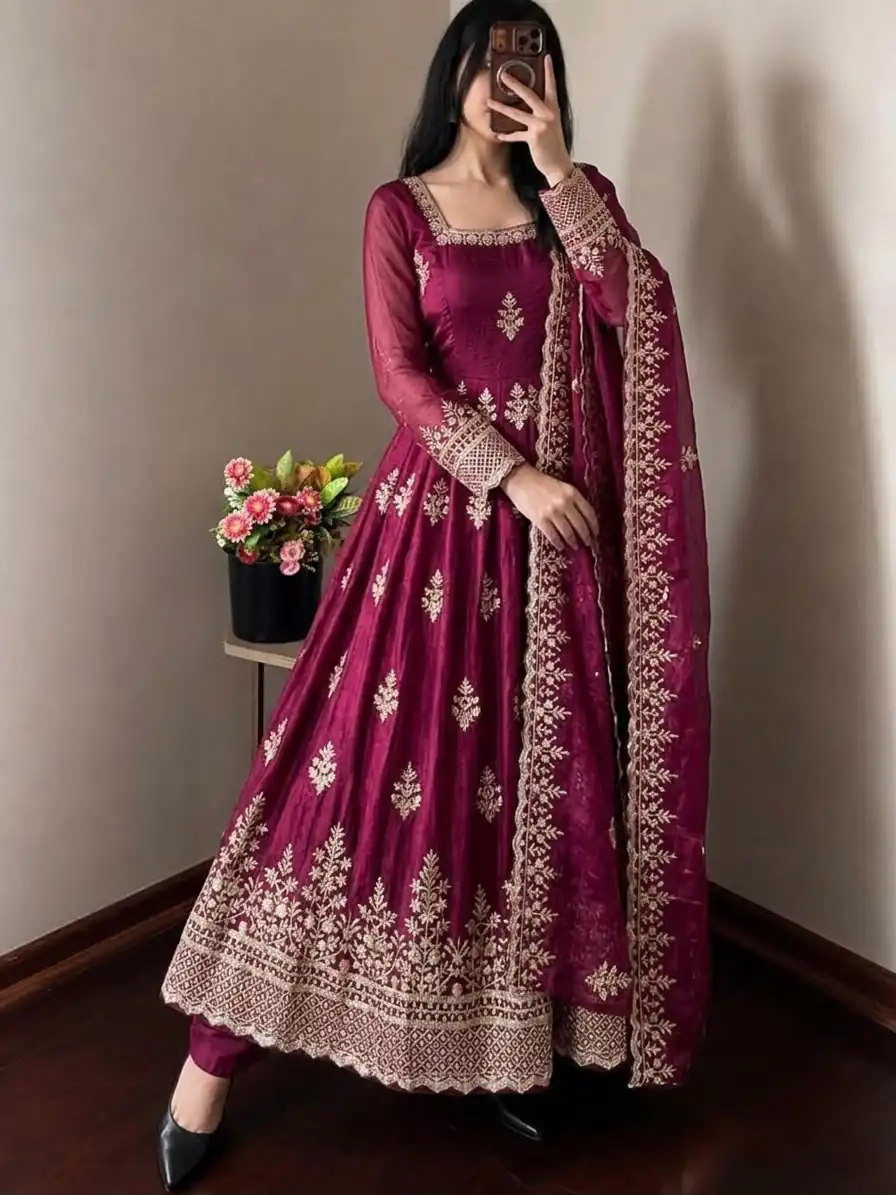 NSR 918 Wine Fendy Silk Gown with Embroidery Work & Sequins Work. Special Price ₹2399. Delivery 4-6 Working Days. Shop now. | Gowns, Bollywood Gowns, Creative Gowns, Designer Gowns, Embroidered Gowns, Party Wear Gowns