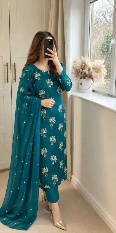 Alternative view of Aglow Blue Chinon Sequence Work Salwar Suit