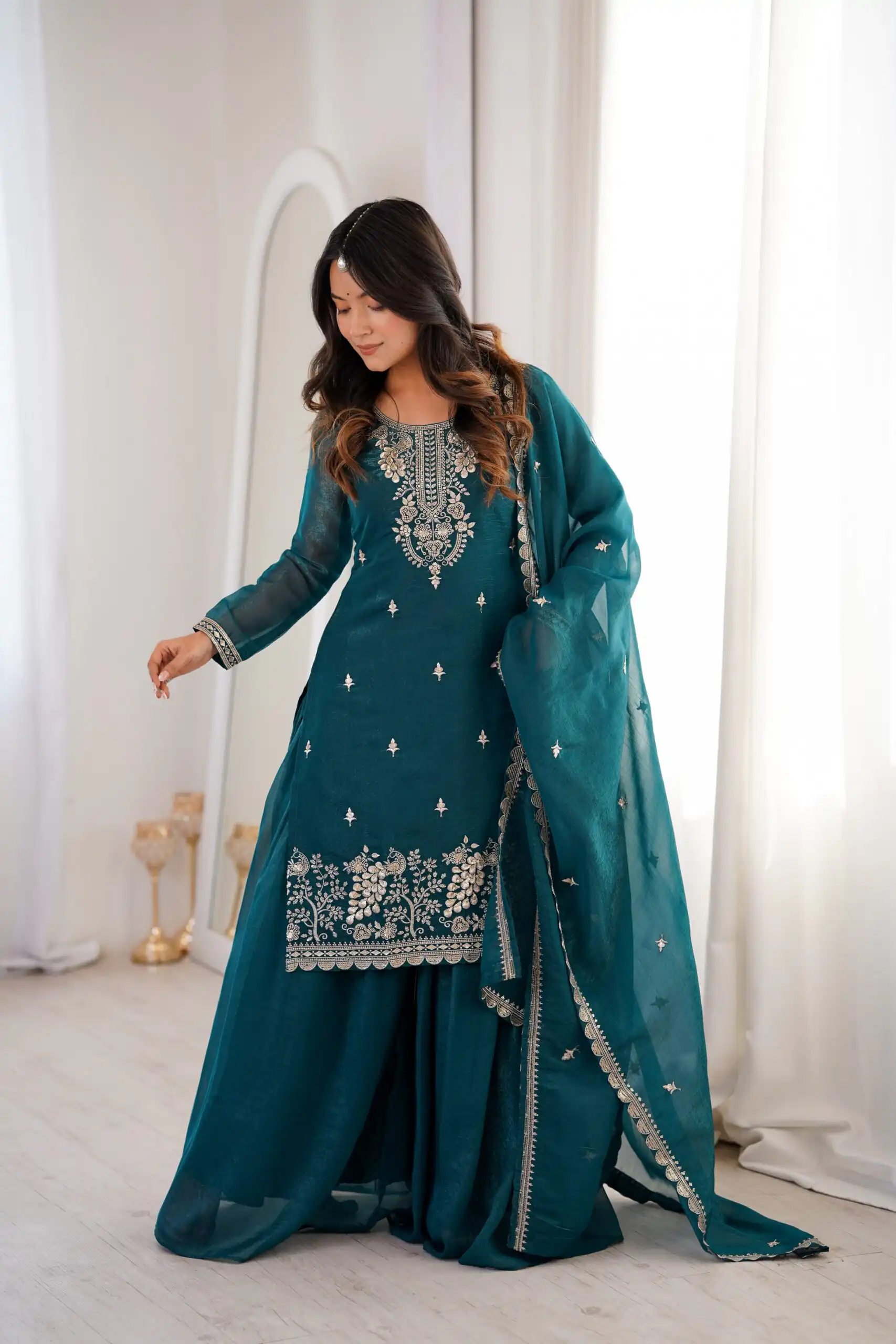 Aglow Teal Crunchy Silk Sequence Work Salwar Suit - Image 3