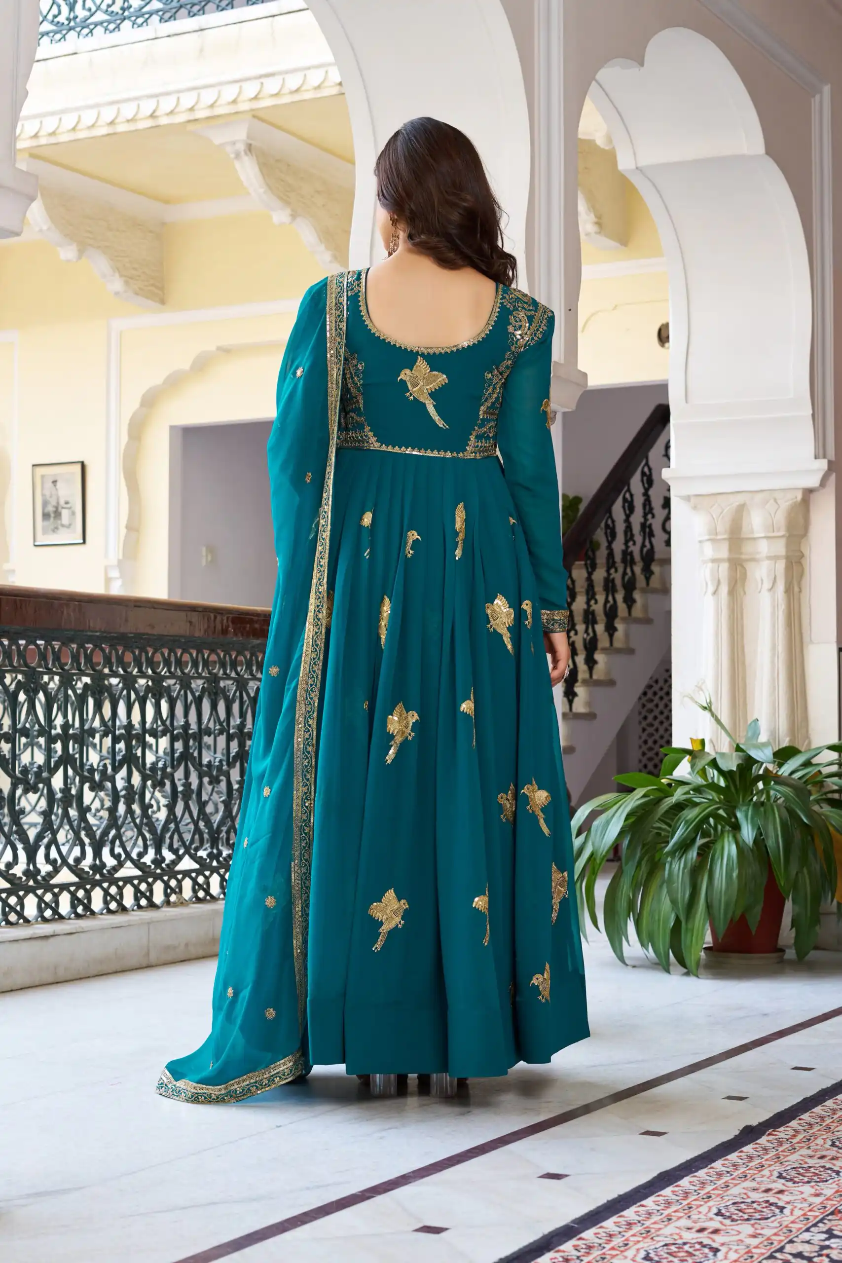 Angelic Teal Faux Georgette Thread Work Gown - Image 3