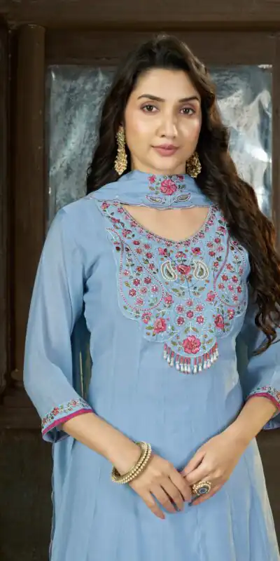 Alternative view of Cool Blue Mal Chanderi Real Hand Work Salwar Suit