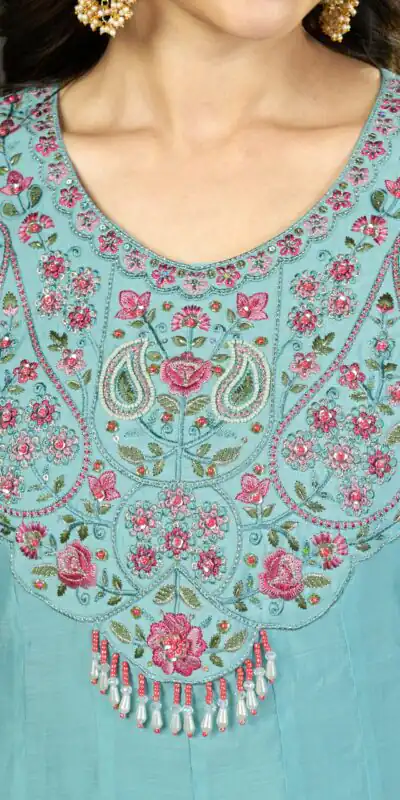 Alternative view of Cool Sea Blue Mal Chanderi Real Hand Work Salwar Suit