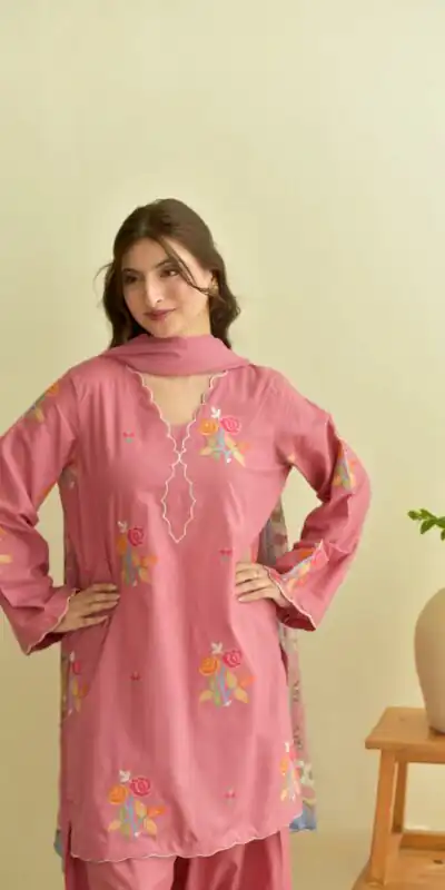 Alternative view of Fancy Peach Mul Chanderi Embroidery Cut Work Salwar Suit