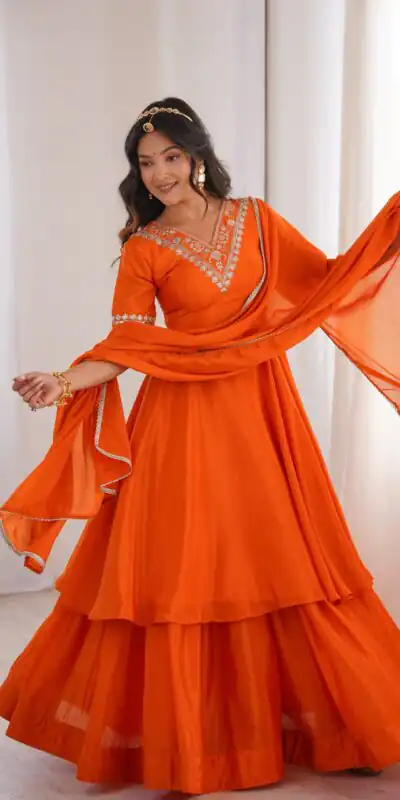 Glowing Orange Chinon Silk Sequin Work Salwar Suit