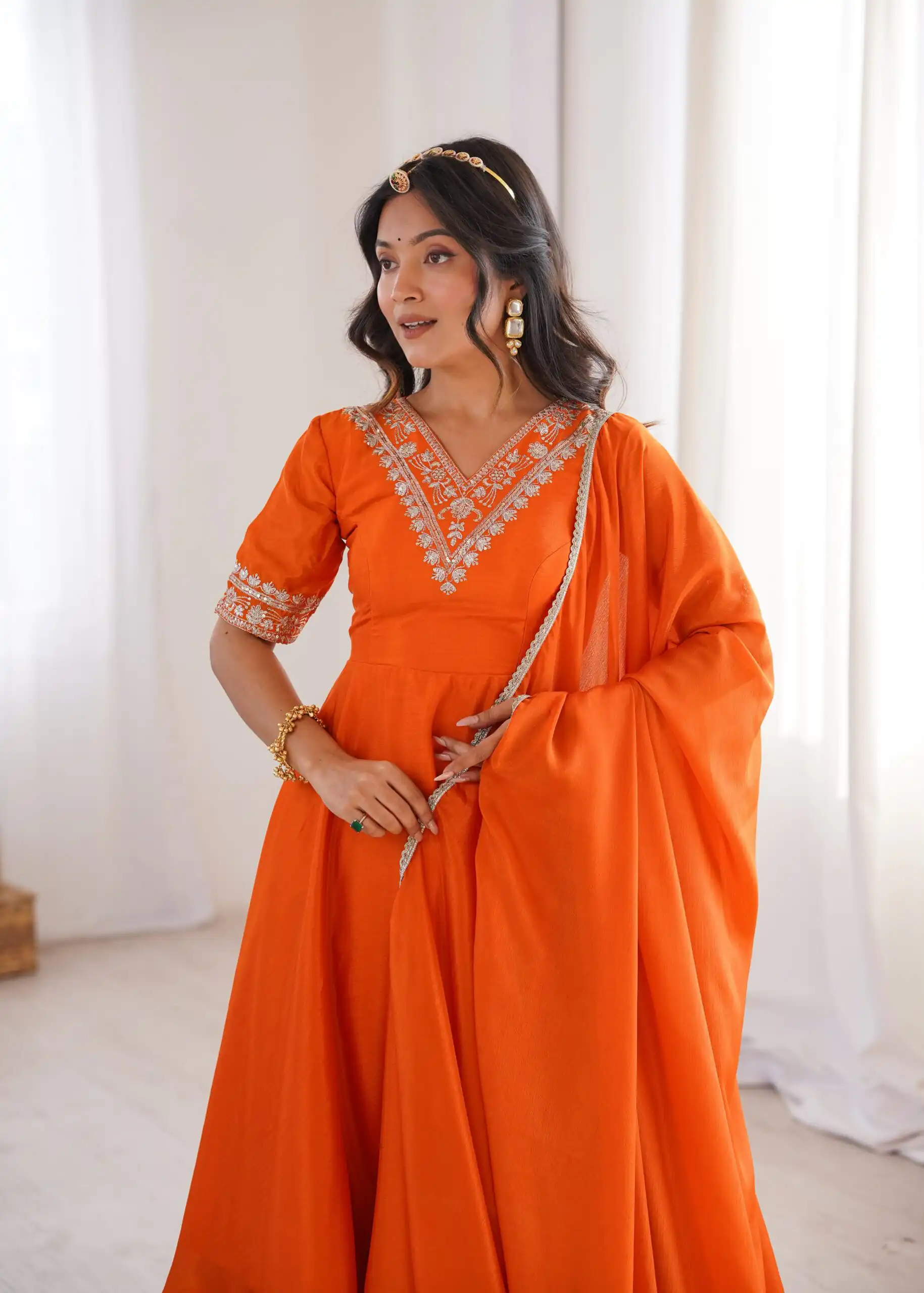 Glowing Orange Chinon Silk Sequin Work Salwar Suit - Image 9