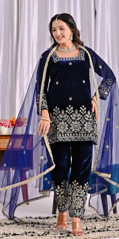 Lovely Navy Blue Viscose Velvet Embroider Work Salwar Suit