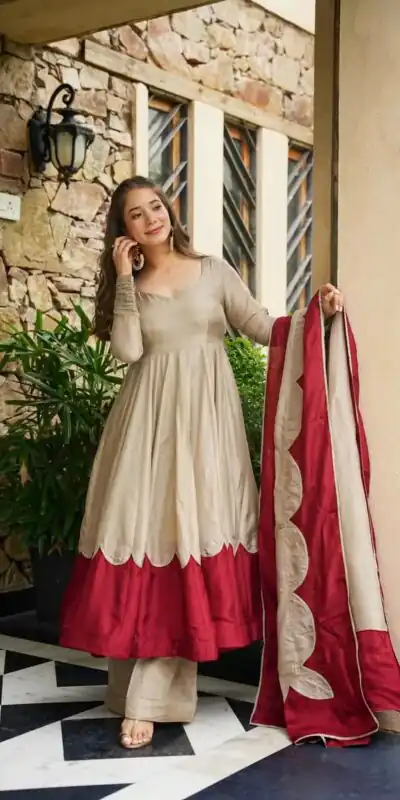 Lovely Off White Roman Silk Embroidery Work Gown