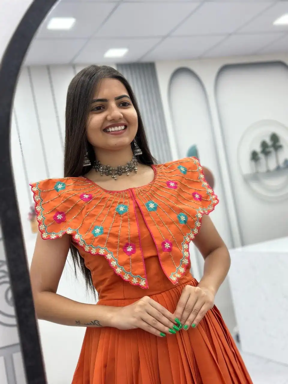 Lovely Orange Roman Thread Khatli Work Gown - Image 5