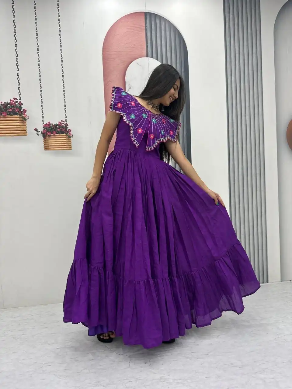 Lovely Purple Roman Thread Khatli Work Gown - Image 5