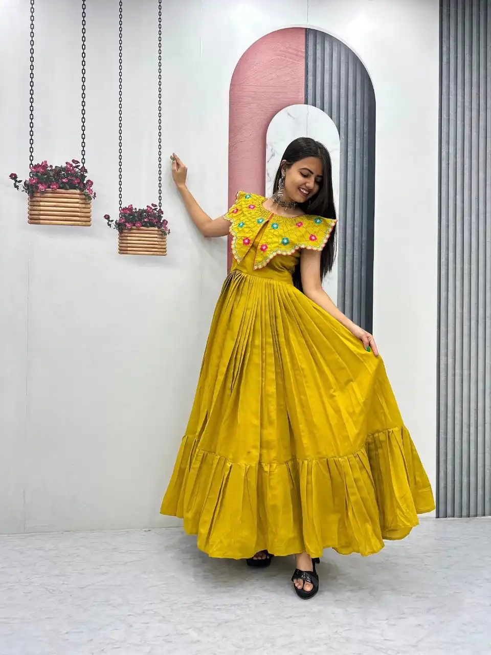 Lovely Yellow Roman Thread Khatli Work Gown