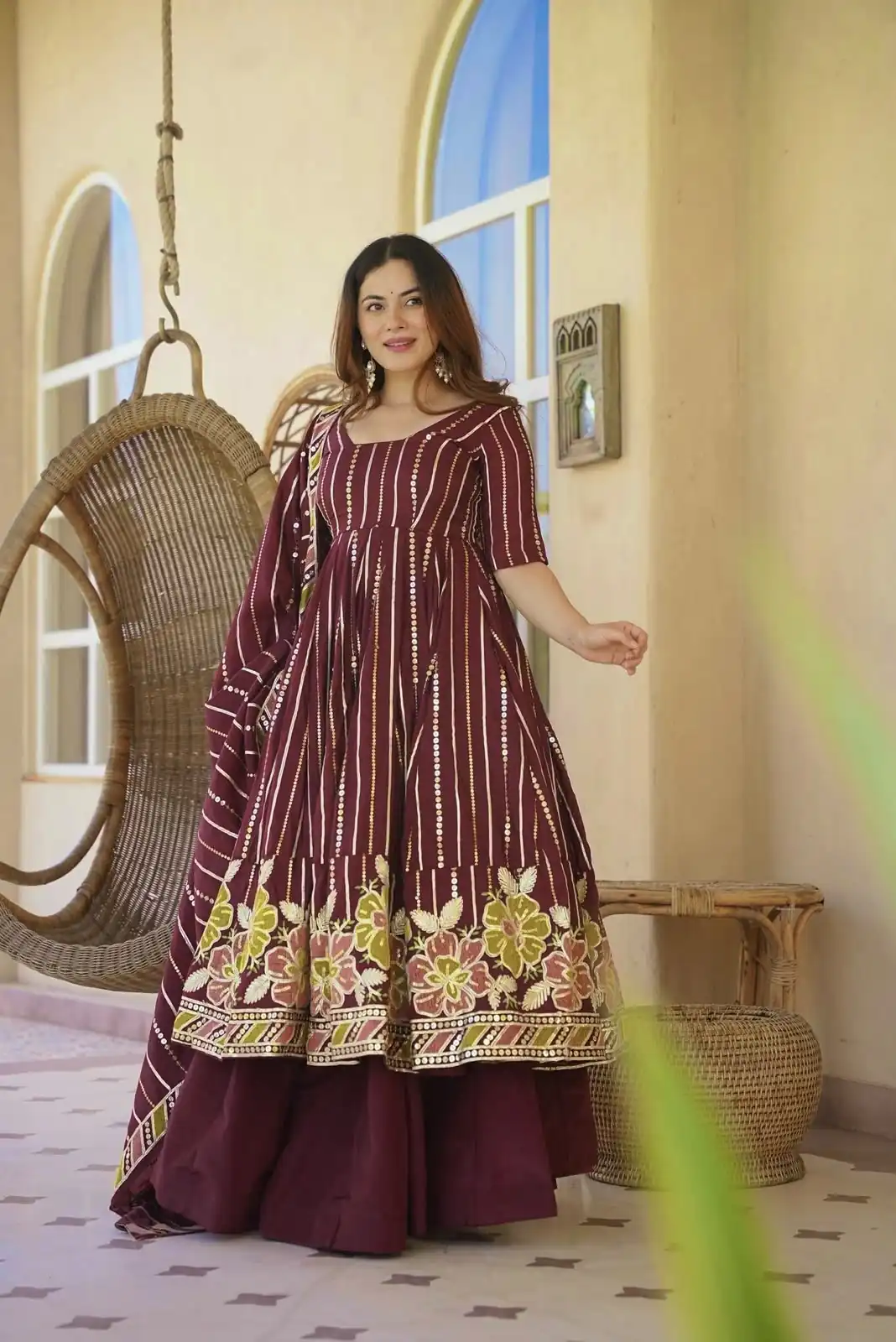 Nice Maroon Faux Georgette Embroidery Work Anarkali Suit - Image 2