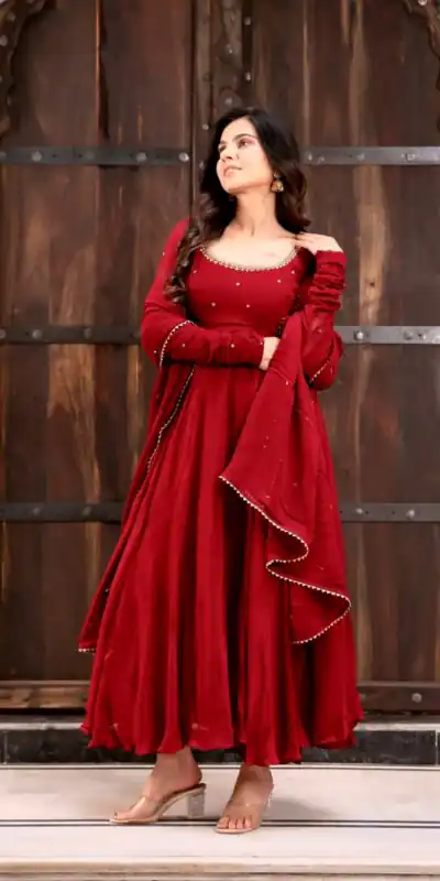 Nice Red Faux Georgette Sequence Work Anarkali Suit