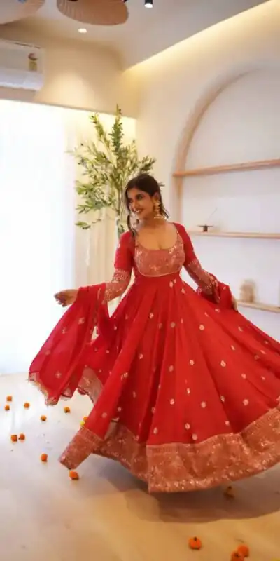 Nice Red Faux Georgette Thread Work Anarkali Suit