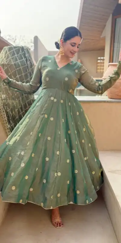 Shiny Pista Moss Fendy Embroidery Work Anarkali Suit