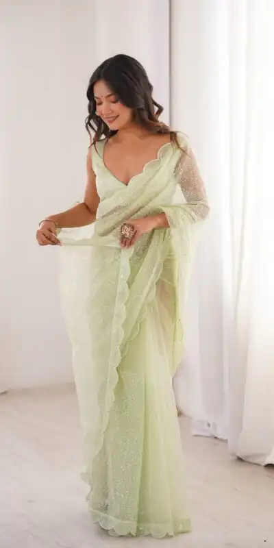 Alternative view of Shiny Pista Soft Net Sequins Work Saree