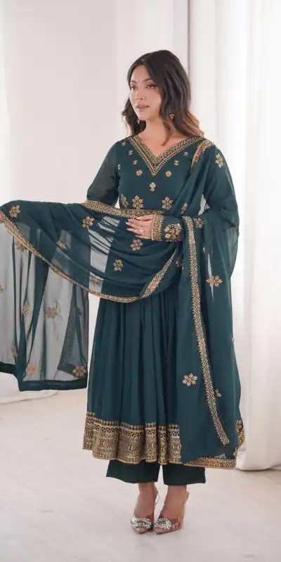 Shiny Teal Faux Georgette Sequence Work Anarkali Suit