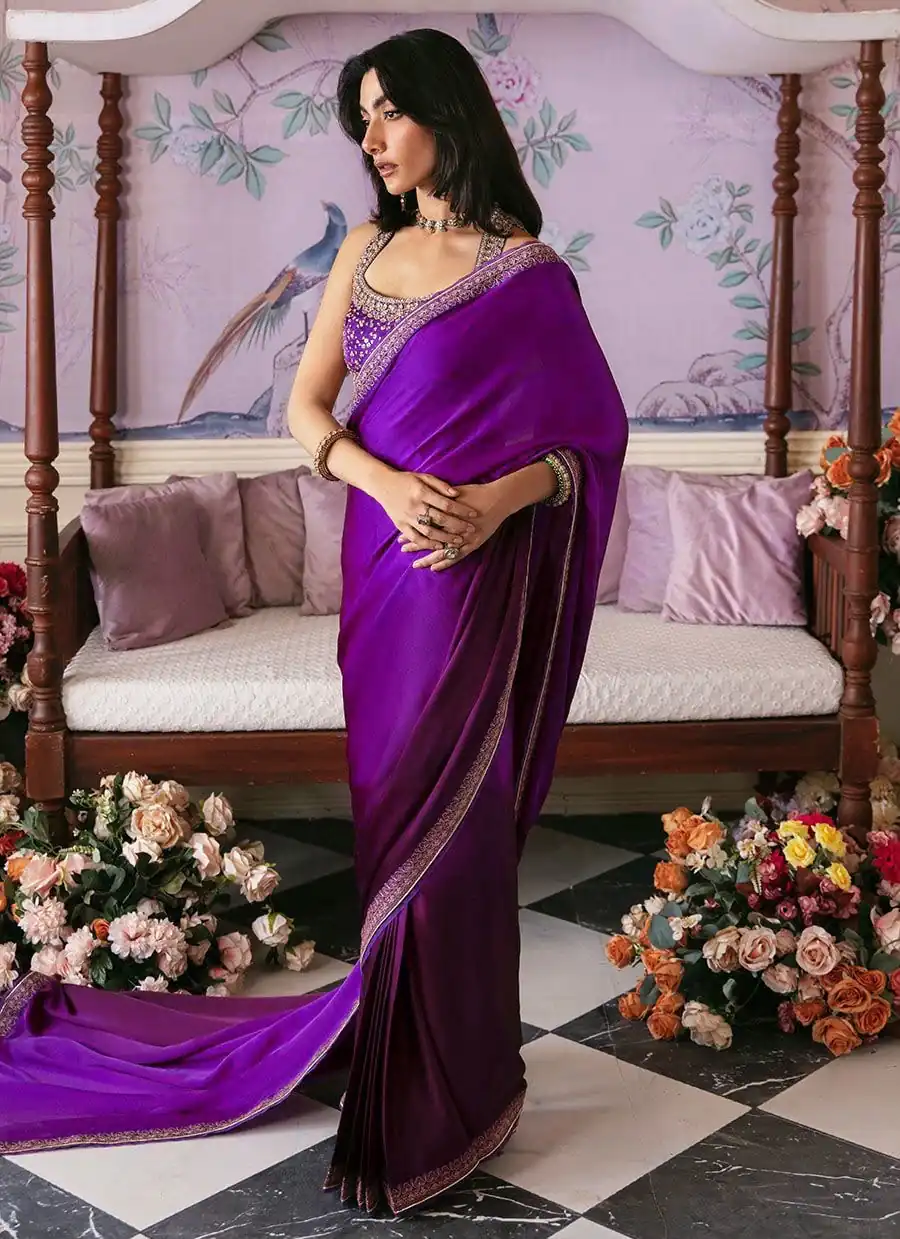 Spacial Purple Japan Satin Silk Sequins Work Saree - Image 2