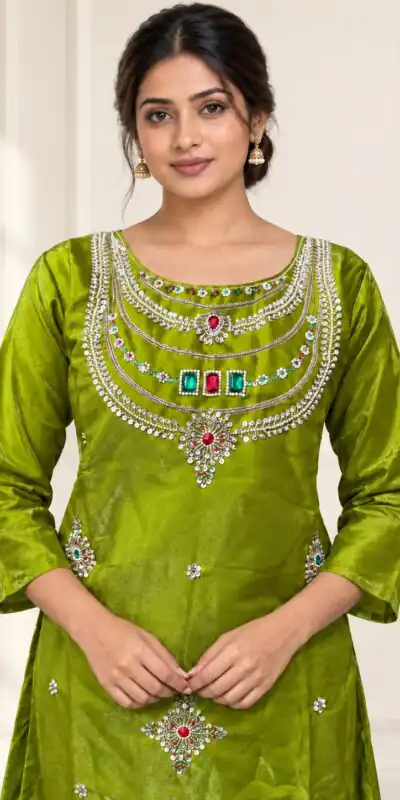 Alternative view of Super Mehendi Glass Silk Zari Stone Work Salwar Suit