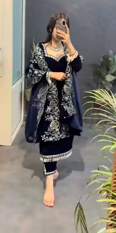 Super Navy Blue Viscose Velvet Embroider Work Salwar Suit