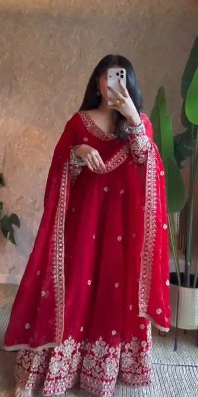 Alternative view of Unique Red Fendy Silk Embroidery Work Gown