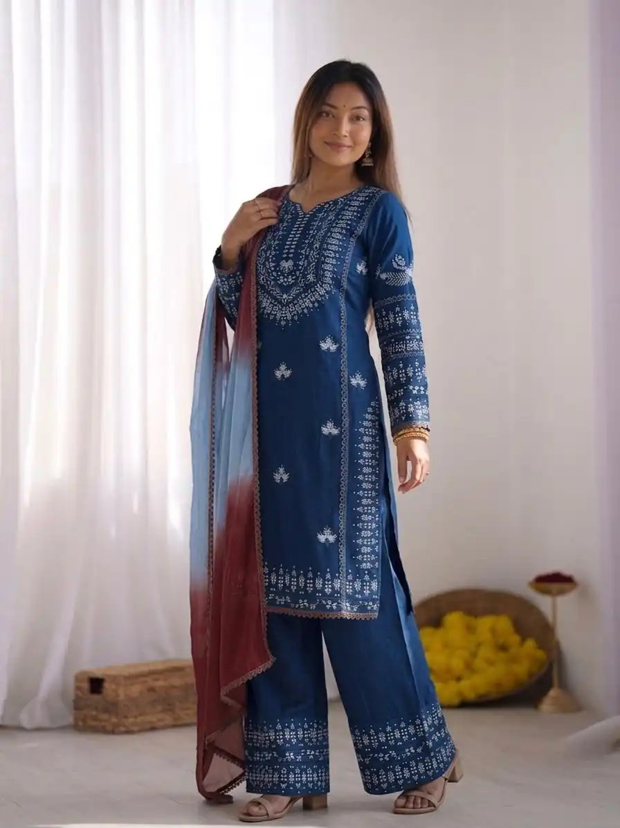 NSR 888 Blue Rayon Salwar Suit with Embroidery Work & Thread Embroidery. Best Price ₹2199. Delivery 4-6 Working Days. Shop now. | Jump Suits, Salwar suit, Casual Suits, Creative suits, Designer Suits, Palazzo Suits, Party Wear Suits, Patiala Suits, Straight Suits
