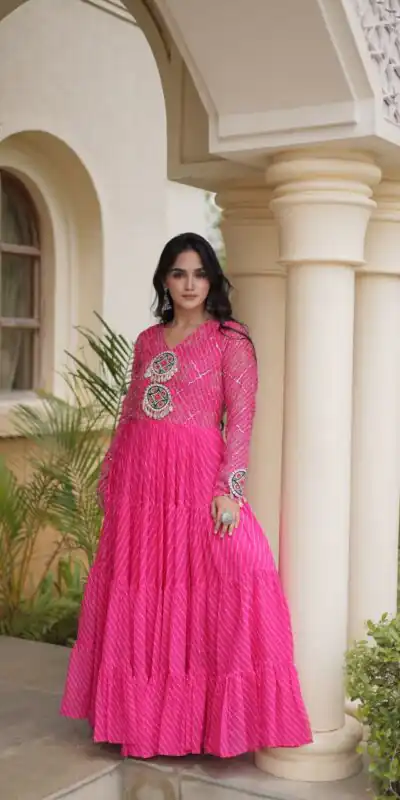 KA 1275 Pink in Colour Faux Georgette Bandhani Print Work Gown. Available at ₹1669 only. Delivery 4-6 Working Days. Shop now. | Gowns, Bollywood Gowns, Creative Gowns, Designer Gowns, Embroidered Gowns, Party Wear Gowns