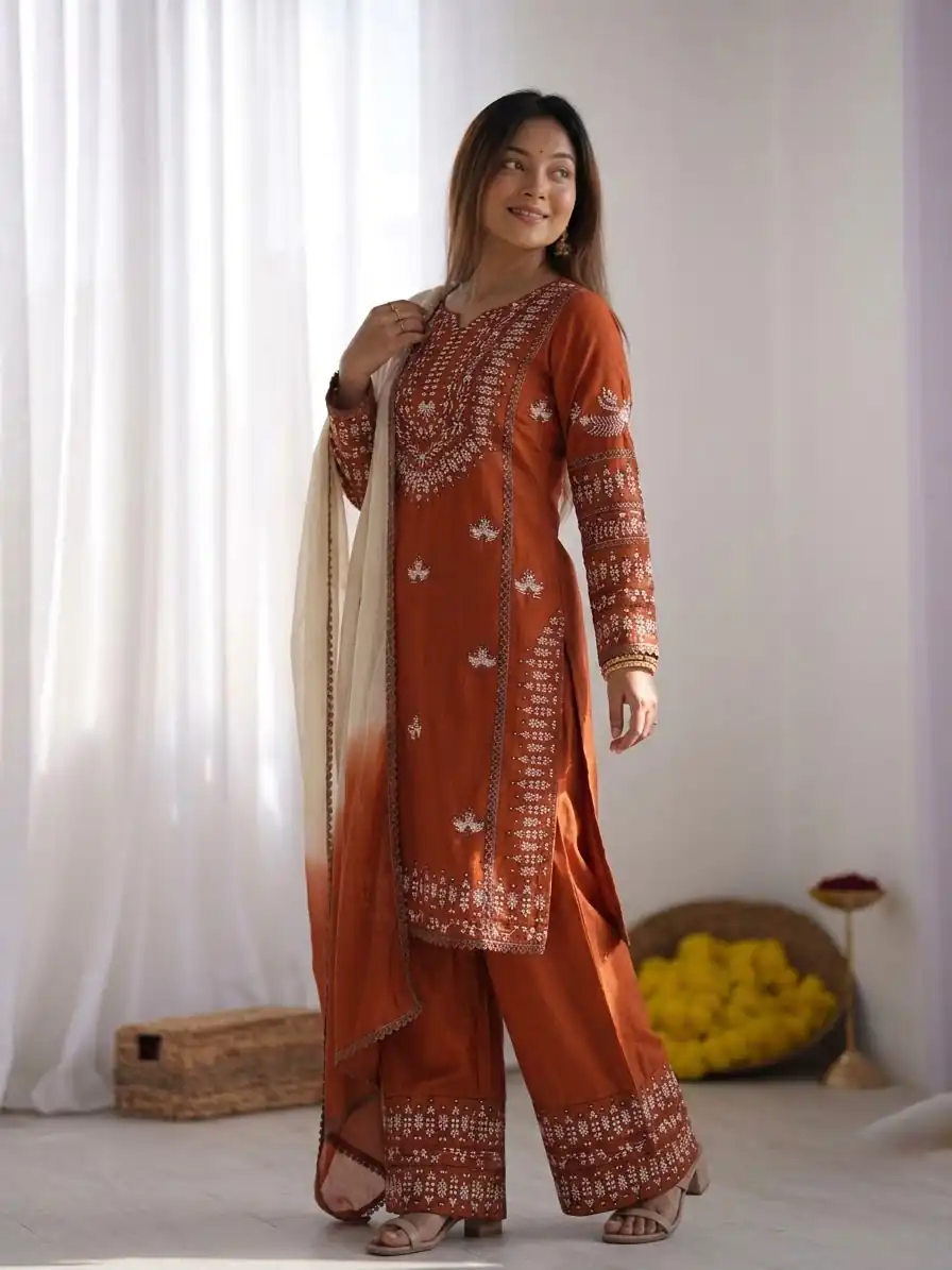 NSR 888 Rust Rayon Salwar Suit with Embroidery Work & Thread Embroidery. Best Price ₹2199. Delivery 4-6 Working Days. Shop now. | Jump Suits, Salwar suit, Casual Suits, Creative suits, Designer Suits, Palazzo Suits, Party Wear Suits, Patiala Suits, Straight Suits