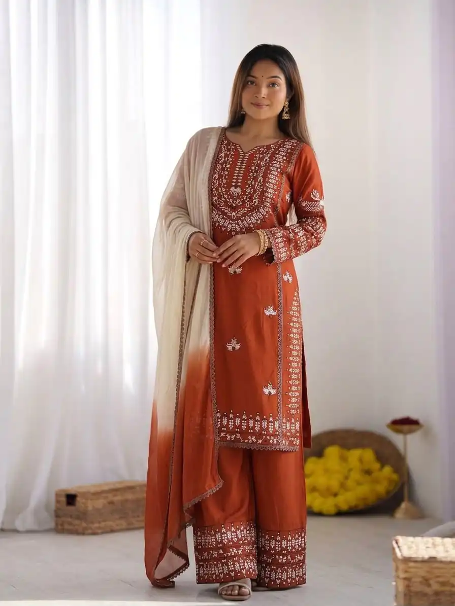 NSR 888 Rust Rayon Salwar Suit with Embroidery Work & Thread Embroidery. Best Price ₹2199. Delivery 4-6 Working Days. Shop now. | Jump Suits, Salwar suit, Casual Suits, Creative suits, Designer Suits, Palazzo Suits, Party Wear Suits, Patiala Suits, Straight Suits