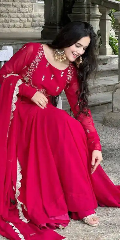 ZB 5078 Pink Faux Georgette Gown with Mirror Work & Embroidery Work. Get it for ₹2199. Delivery 4-6 Working Days. Online Shop now. | Gowns, Bollywood Gowns, Creative Gowns, Designer Gowns, Embroidered Gowns, Party Wear Gowns