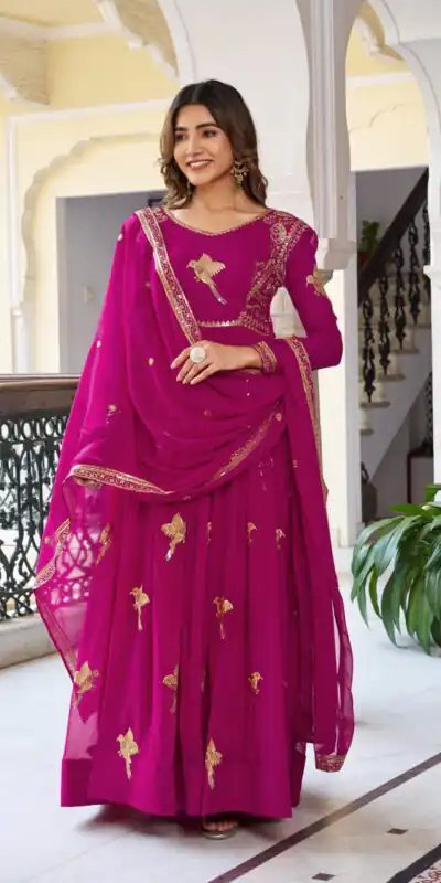 SP 30 Pink Faux Georgette Gown with Mirror Work & Embroidery Work. Get it for ₹1799. Delivery 4-6 Working Days. Online Shop now. | Gowns, Bollywood Gowns, Creative Gowns, Designer Gowns, Embroidered Gowns, Party Wear Gowns