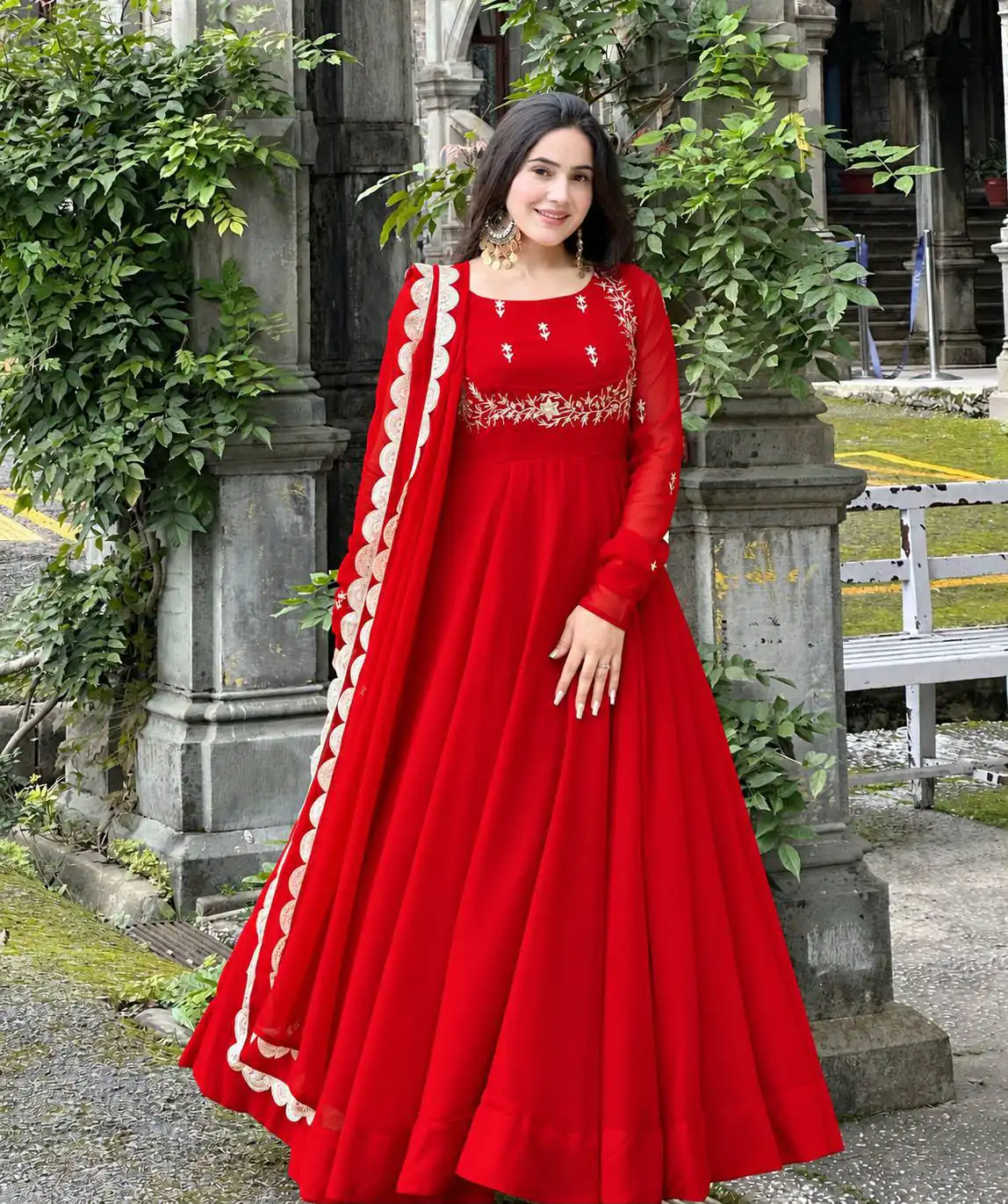 ZB 5078 Red Faux Georgette Gown with Mirror Work & Embroidery Work. Get it for ₹2199. Delivery 4-6 Working Days. Online Shop now. | Gowns, Bollywood Gowns, Creative Gowns, Designer Gowns, Embroidered Gowns, Party Wear Gowns