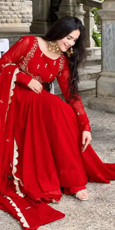 ZB 5078 Red Faux Georgette Gown with Mirror Work & Embroidery Work. Get it for ₹2199. Delivery 4-6 Working Days. Online Shop now. | Gowns, Bollywood Gowns, Creative Gowns, Designer Gowns, Embroidered Gowns, Party Wear Gowns