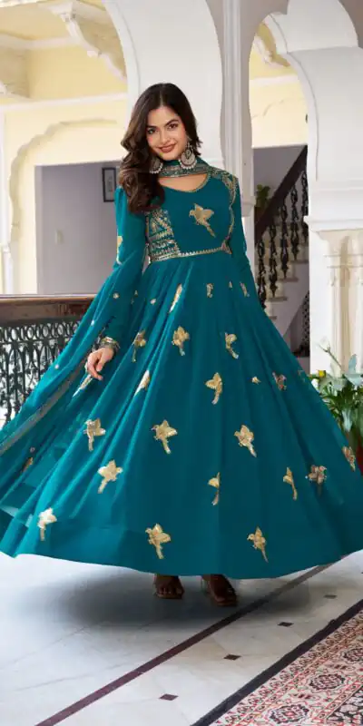 SP 30 Teal Faux Georgette Gown with Mirror Work & Embroidery Work. Get it for ₹1799. Delivery 4-6 Working Days. Online Shop now. | Gowns, Bollywood Gowns, Creative Gowns, Designer Gowns, Embroidered Gowns, Party Wear Gowns