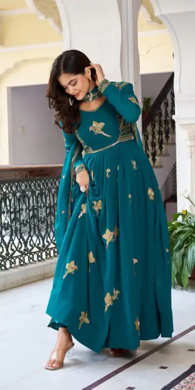 SP 30 Teal Faux Georgette Gown with Mirror Work & Embroidery Work. Get it for ₹1799. Delivery 4-6 Working Days. Online Shop now. | Gowns, Bollywood Gowns, Creative Gowns, Designer Gowns, Embroidered Gowns, Party Wear Gowns