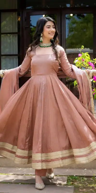 ND 5078 Brown Vichitra Salwar Suit with Sequins Work & Embroidery Work. Available at ₹2449 only. Delivery 4-6 Working Days. Shop now. | Anarkali Suits, Bollywood Anarkali, Creative-Anarkali, Designer Anarkali, Embroidered Anarkali, Party Wear Anarkali